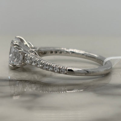 White Gold Cushion Cut Engagement Ring With Crescent Side Diamonds and Round Accents