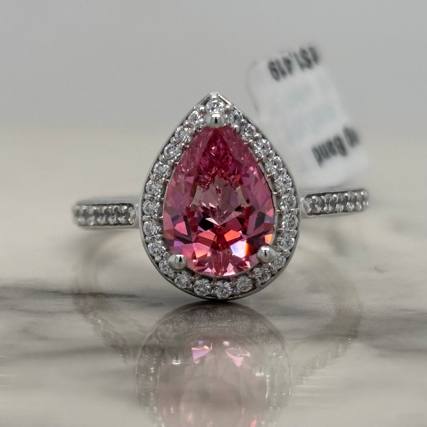 White Gold Pear Shaped Pink Stone Engagement Ring With Halo and Accent Diamonds