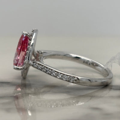White Gold Pear Shaped Pink Stone Engagement Ring With Halo and Accent Diamonds