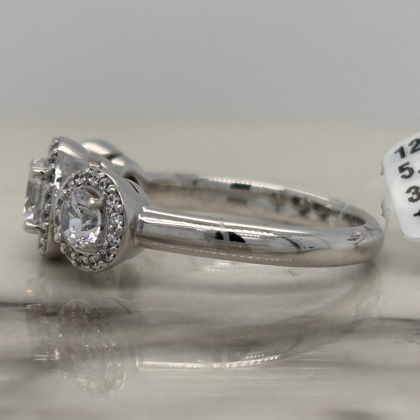 White Gold Round 3 Stone Halo Engagement Ring
