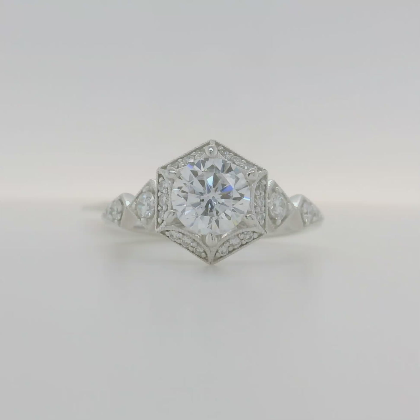 14k white gold semi mount engagement ring with hexagon halo and accent diamonds