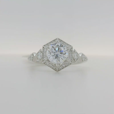 14k white gold semi mount engagement ring with hexagon halo and accent diamonds