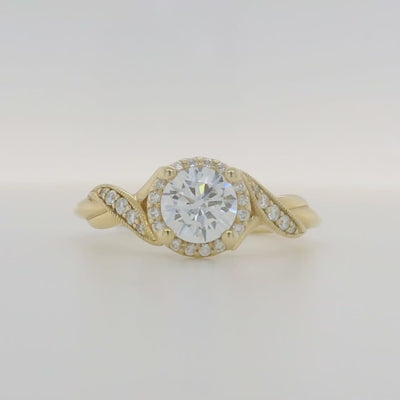 14k yellow gold semi mount engagement ring with halo and accent diamonds