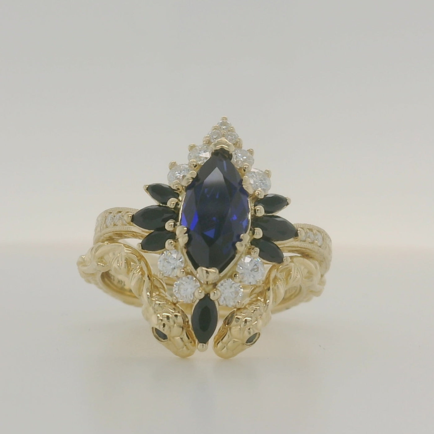 Custom Yellow Gold Sapphire Snake Engagement Ring and Wedding Band Set