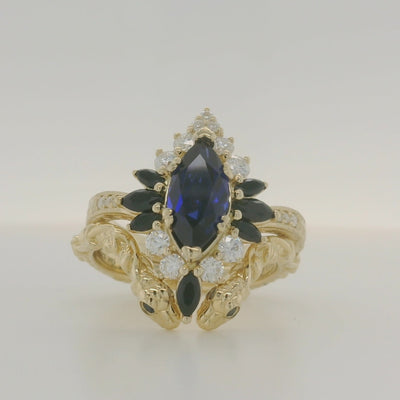 Custom Yellow Gold Sapphire Snake Engagement Ring and Wedding Band Set