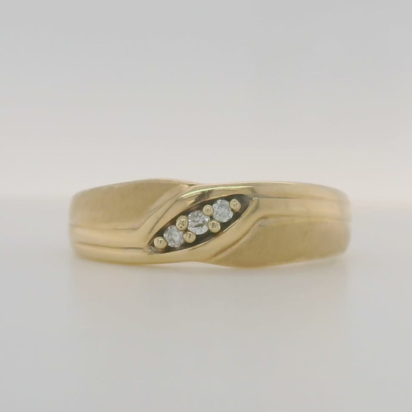 yellow gold and diamond vintage style men's wedding band with brushed finish