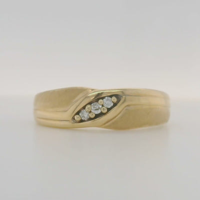yellow gold and diamond vintage style men's wedding band with brushed finish